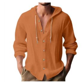 Cotton And Linen Shirt Hooded Sweater Button Long Sleeve (Option: Orange-XL)