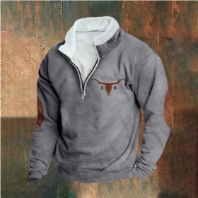 Retro Patchwork Half Cardigan Men's Long-sleeved Sweater (Option: Grey 1-S)