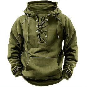 Ins Lace-up Hoodie Casual Sports Pocket Sweatshirt Men's Long-sleeved Top Clothing (Option: Army Green-2XL)