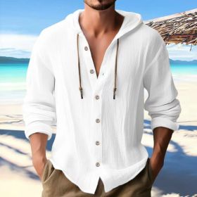 Cotton And Linen Shirt Hooded Sweater Button Long Sleeve (Option: White-XXXL)