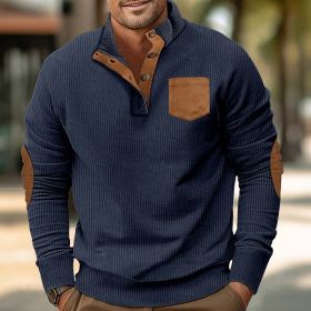 Patch Pocket Jacket Stand Collar Long Sleeve Corduroy Multicolor Hoodie (Option: Navy Blue-XXXL)